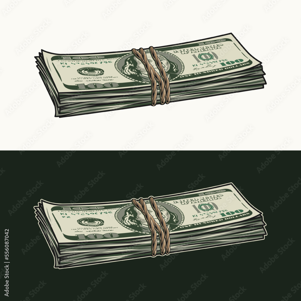 Lying wad of 100 dollar bills tied with jute rope. Banknotes with front ...