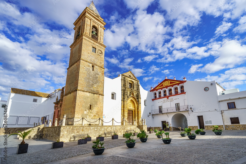 Main square with medieval church of the picturesque village of Alcala de los Gazules, Cadiz, Spain.
