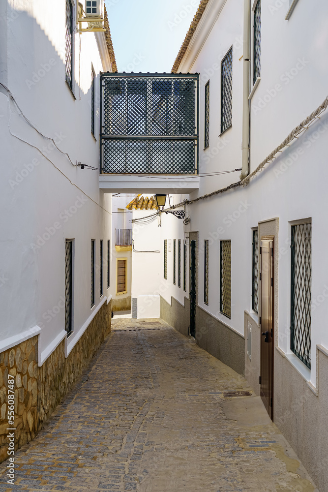 Narrow alley with houses painted white and bridge passageway between buildings making a bridge, Cadiz, Spain.