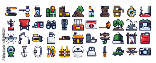 camping icon set. vector illustration in the filled line style