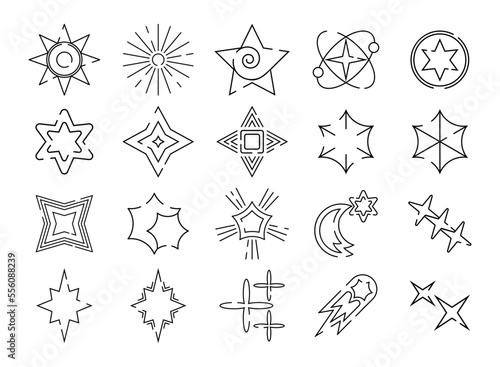 Glitter line stars, christmas bright glitter. Twinkle light sparkles, blink and glow pictograms of shine, light sparkle, glossy sky burst. Xmas decor. Outline icons. Vector outline current