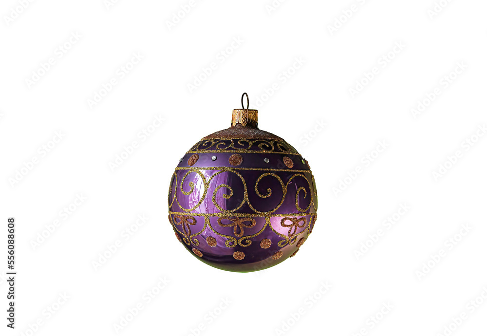 Christmas purple glass ball in sparkles on a white background. selective focus Christmas purple glass ball in sparkles on a white background. selective focus