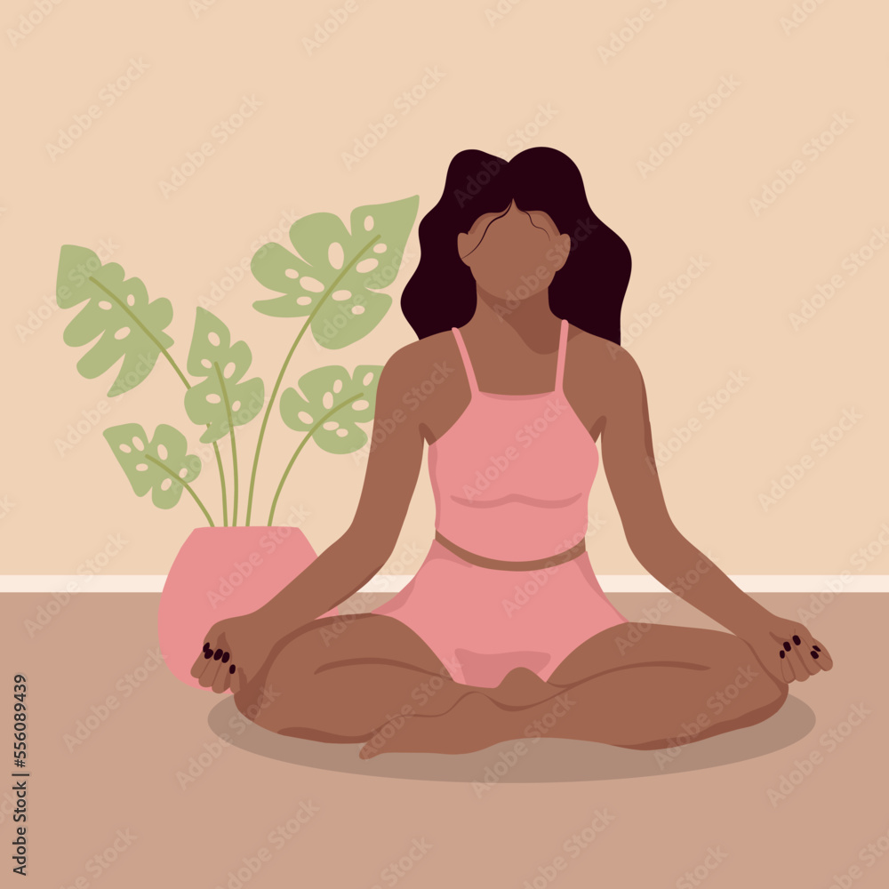 Poster with African girl doing yoga. Poster for yoga center. Vector illustration. Flat style. Poster with African girl doing yoga. Poster for yoga center. Vector illustration. Flat style.