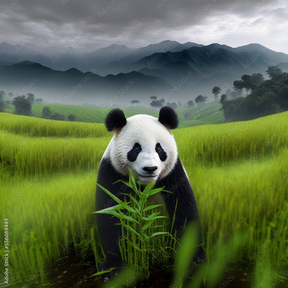 panda eating bamboo green grass cluds mountains panda eating bamboo green grass cluds mountains