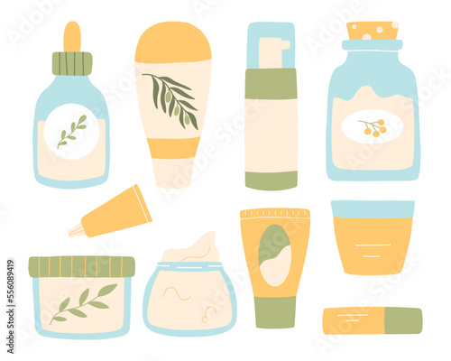 Set of natural cosmetics. Collection of organic cosmetics for skin care. Herbal cosmetics. Vector illustration. Flat style.