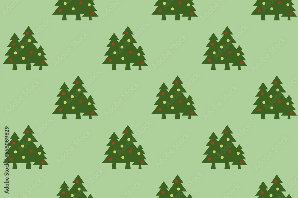 pattern. Image of green Christmas trees with balls on pastel yellow green backgrounds. Symbol of New Year and Christmas. Template for application to surface. Horizontal image. 3D image. 3d rendering