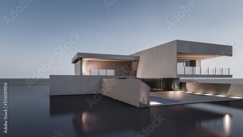 Architecture 3d rendering illustration of modern minimal house with natural landscape © Aris Suwanmalee