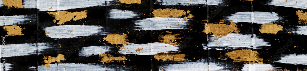 Naklejka premium Artistic acrylic and oil strokes, horizontal white and gold strokes, spots on a black background. Paint on canvas. Contemporary art, banner