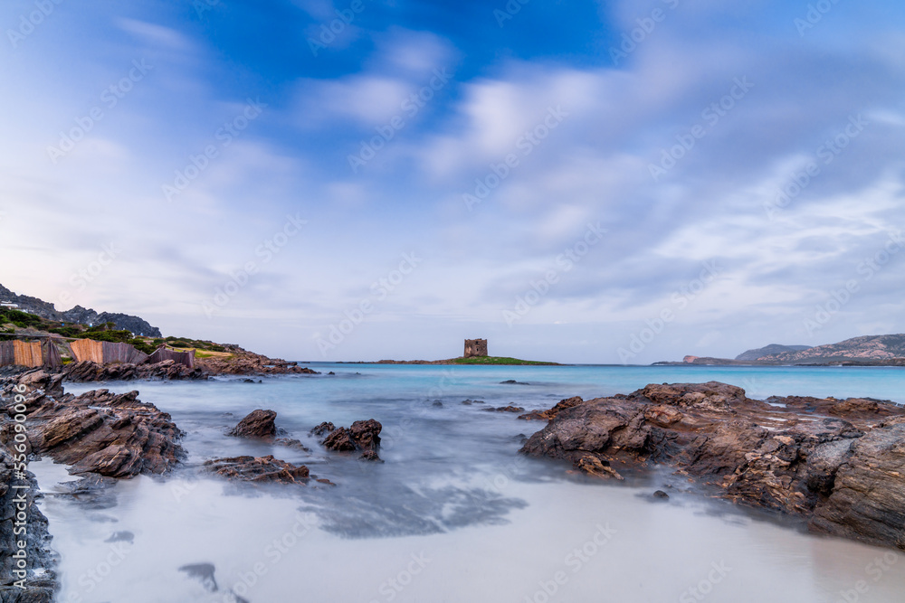 view of the Spiaggia la Pelosa with the Pelosa Watchtower near Stintino in Sardinia