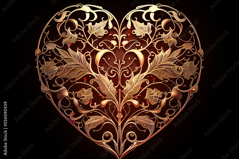 Golden heart - symbol of love. Heart made of golden flourish ornaments on black background. St. Valentine's concept.
Digitally generated AI image Golden heart - symbol of love. Heart made of golden flourish ornaments on black background. St. Valentine's concept.
Digitally generated AI image