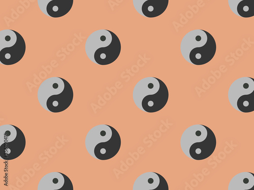Seamless pattern. Image of Yin Yang symbol on pastel red orange backgrounds. Symbol of opposite. Surface overlay pattern. Horizontal image. 3D image. 3D rendering.
