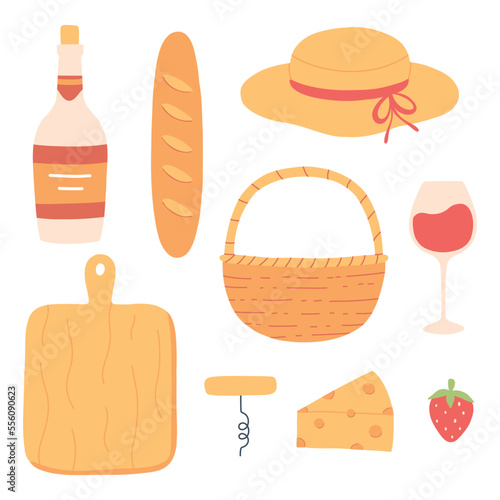Summer picnic set. Collection of elements for spring picnic. Hat, basket, wine, cheese. Vector illustration. Flat hand drawn style.