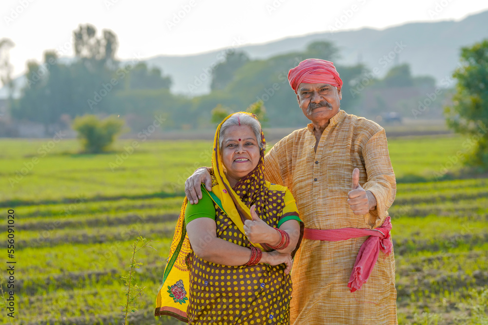 senior indian farmer couple showing thumps up at agriculture field - obrazy, fototapety, plakaty 