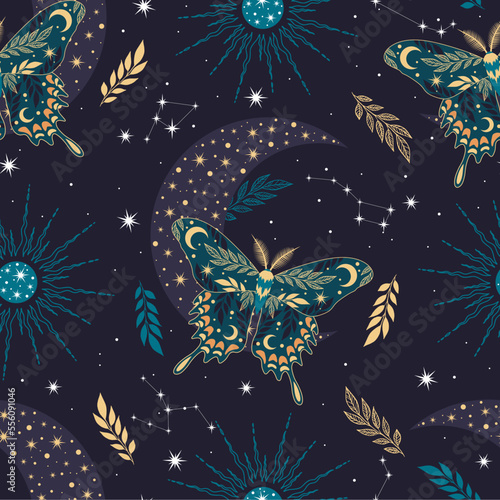 Elegant celestial seamless pattern with herbs. Boho magic background with space elements stars, butterflies. Design for card, fabric, print, greeting, cloth, poster, clothes, textile.