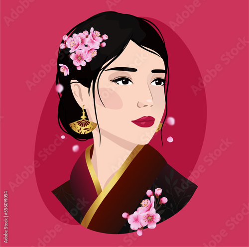 Vector style of portrait beautiful Japanese girl in kimono and sakura. Vintage, illustration.