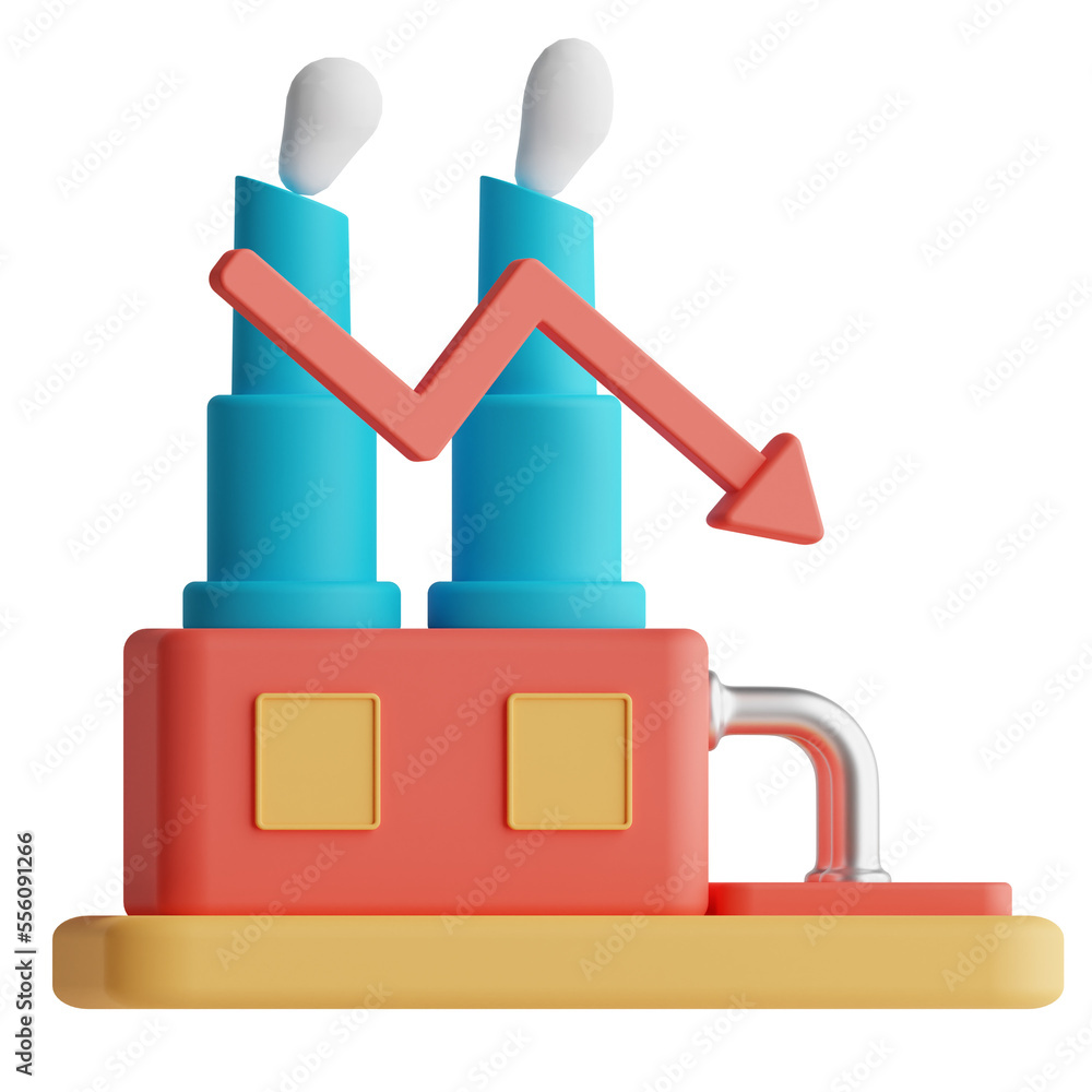 Industrial Factory Building near arrow down, industry crisis 3d render illustration Industrial Factory Building near arrow down, industry crisis 3d render illustration