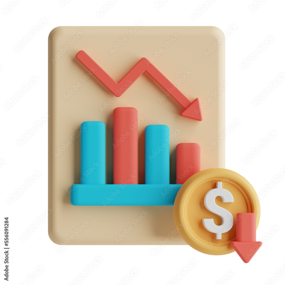 3d document report with money coin. Down chart statistic. 3d render illustration 3d document report with money coin. Down chart statistic. 3d render illustration