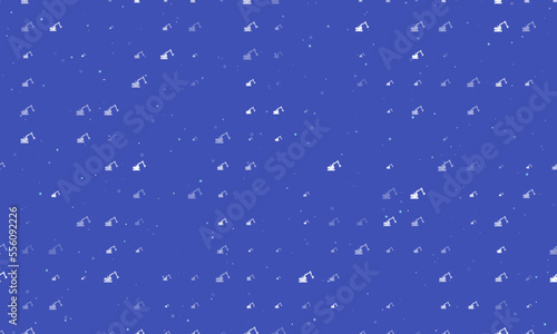 Seamless background pattern of evenly spaced white excavator symbols of different sizes and opacity. Vector illustration on indigo background with stars