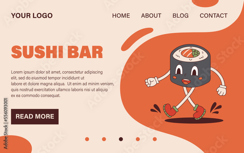 Vector maki sushi roll mascot in retro style. Groovy landing page web template. Website design. Walking sushi character 70s.