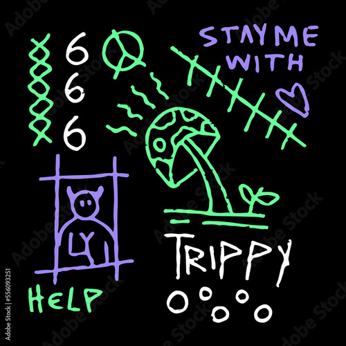 Modern street art graffiti, with magic mushroom, peace symbol, quote, unique symbol. Artwork for street wear, t shirt, posters, bomber jackets, hoodie, patchworks, enamel pins; for clothes.