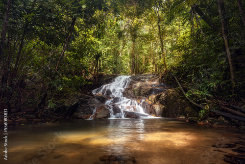 Wide-angle view of beautiful secluded waterfall in the tropical jungle, Ko Adang, Thailand