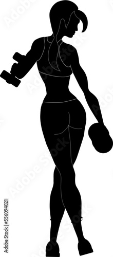 Beautiful girl is training with dumbbells in the gym.  Silhouette