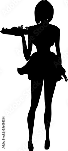 Cheerful waitress holds a dish with salmon slices, lemon slices and parsley.  Silhouette