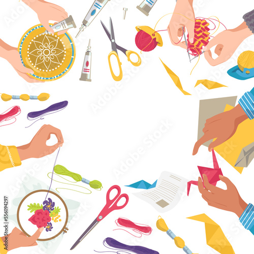 Creative center with art craft work, children drawing by pencil banner, vector illustration. Creativity children hobby, education in classroom.