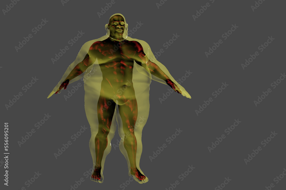 3D render. Athletic man inside an obese body on a gray background. 3D render. Athletic man inside an obese body on a gray background.