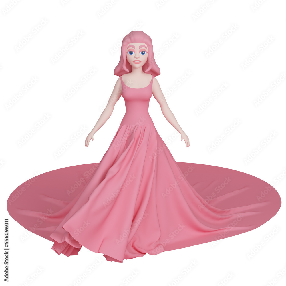 Doll woman in evening pink dress isolated on white background. 3d rendering       