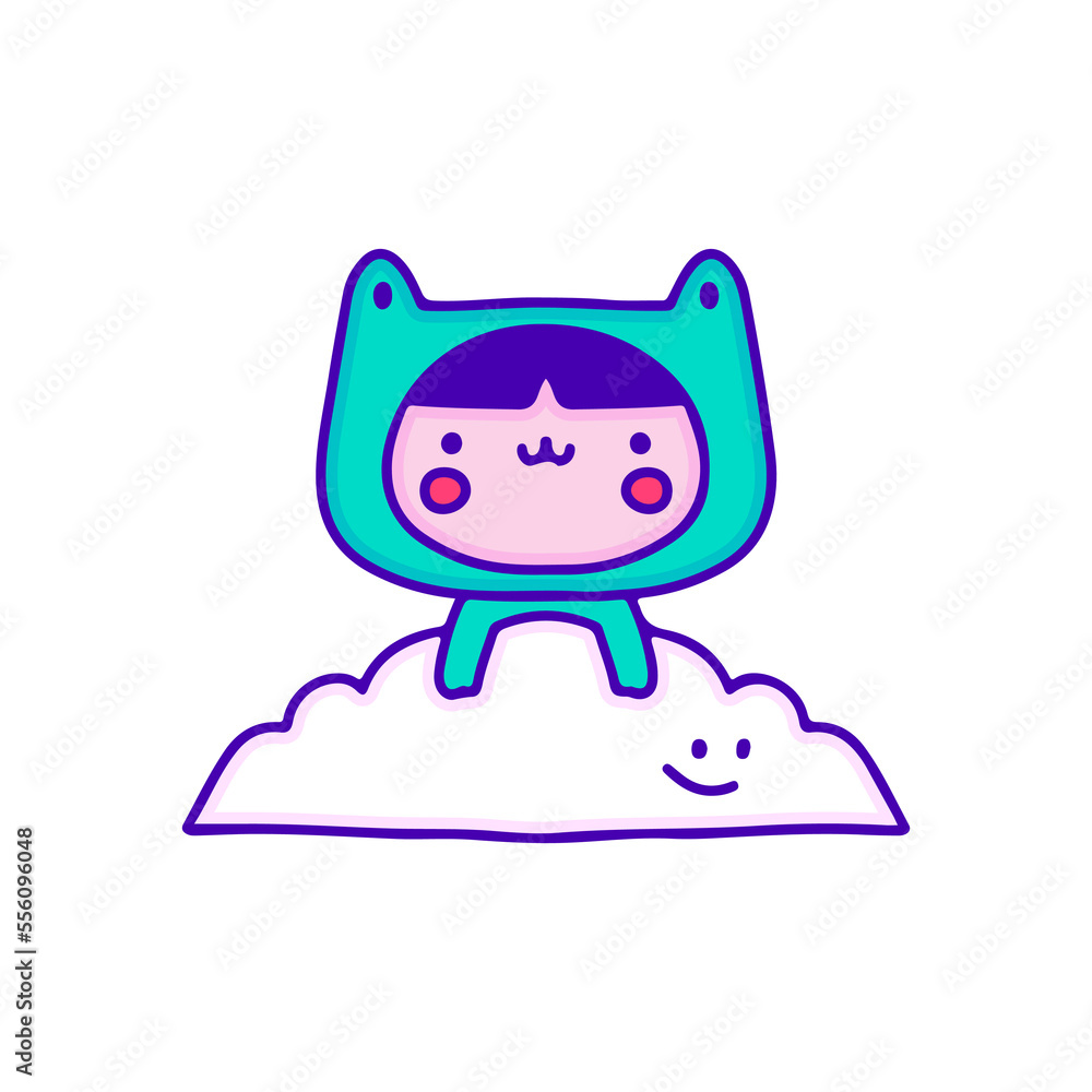 Cute kid in frog costume with funny cloud, illustration for t-shirt, sticker, or apparel merchandise. With modern pop and kawaii style. Cute kid in frog costume with funny cloud, illustration for t-shirt, sticker, or apparel merchandise. With modern pop and kawaii style.