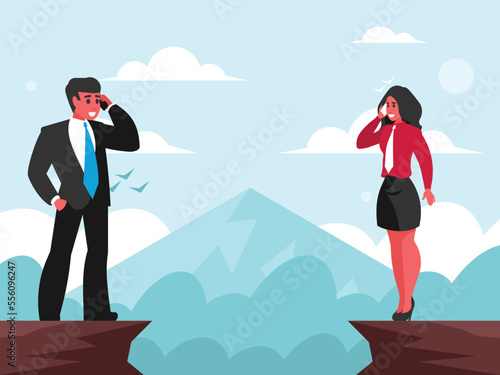 A man and a woman stand on opposite sides of the abyss and talk on a smartphone. Businesspeople speaks on the phone. Business conversation. Voice chat. Mountain landscape and cloudy sky. Vector