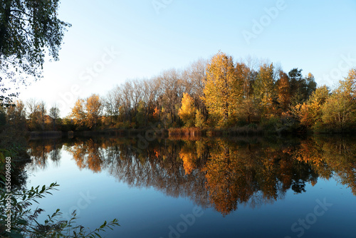 Picturesque view of lake and trees on autumn day