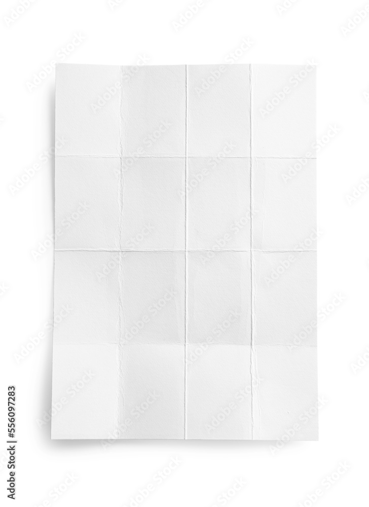 Blank paper sheet with creases isolated on white, top view Blank paper sheet with creases isolated on white, top view