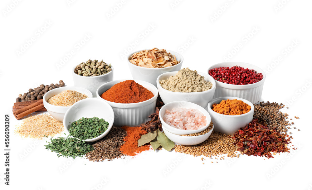 Bowls with different spices on white background Bowls with different spices on white background