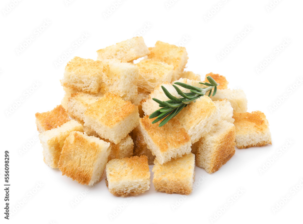 Delicious crispy croutons with rosemary on white background Delicious crispy croutons with rosemary on white background