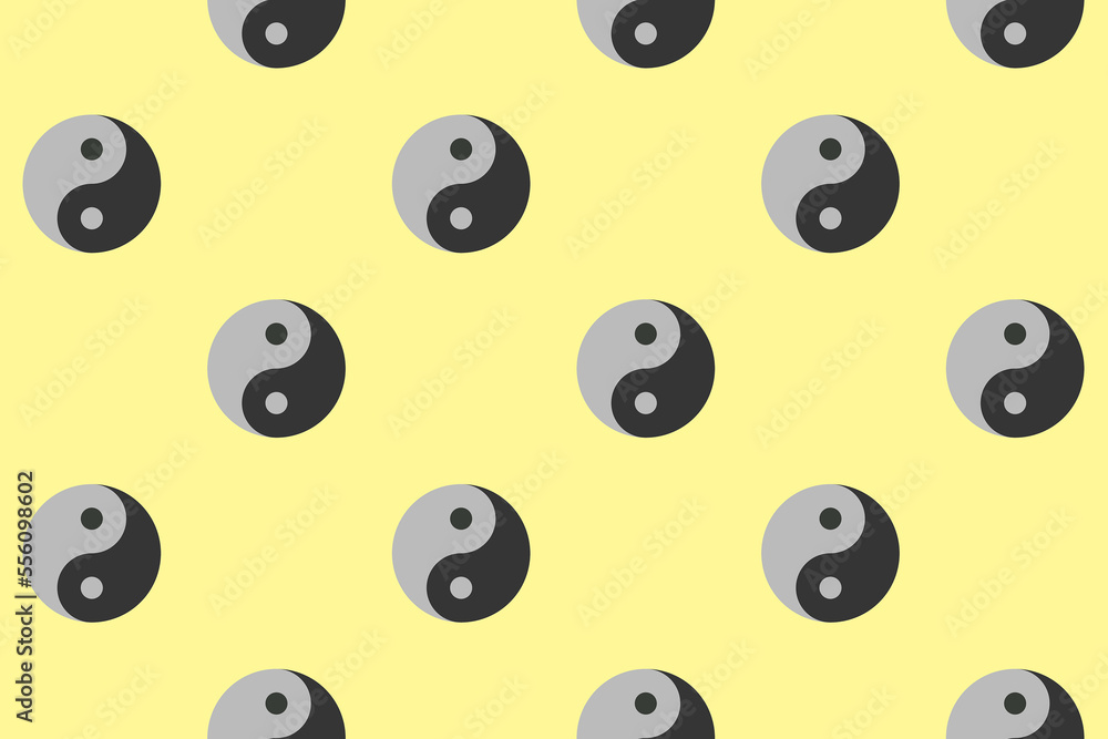 Fototapeta premium pattern. Image of Yin Yang symbol on pastel blue yellow backgrounds. Symbol of opposite. Surface overlay pattern. Horizontal image. 3D image. 3D rendering.