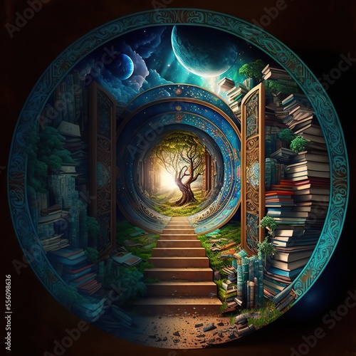 Imagination concept. Library leads to the fantasy world. Generative ai. 