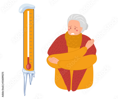 Suffering from cold. Senior woman looking with anger at thermometer from which icicle hangs and trying to keep warm with warm clothe,s warm shawl or winter handkerchief. Flat vector illustration