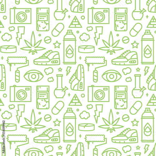 Teenage Street Cannabis Culture Seamless Pattern in Line Art Cartoon Style for Medical Marijuana Product Package Design.