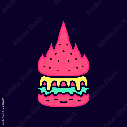 Flaming burger cartoon, illustration for t-shirt, sticker, or apparel merchandise. With modern pop and retro style.