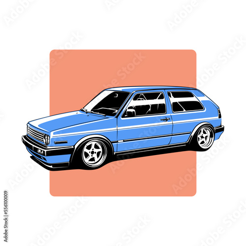 Stance blue hatchback on a white background
