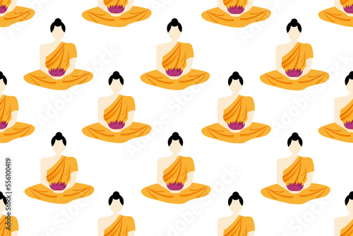 Seamless background with a Buddhist in the kashaya in the lotus position. Indian religion. Wallpaper and bed linen print. Thai festive flower concept.  photo