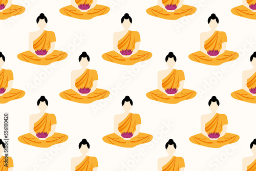 Seamless background with a Buddhist in the kashaya in the lotus position. Indian religion. Wallpaper and bed linen print. Thai festive flower concept. 