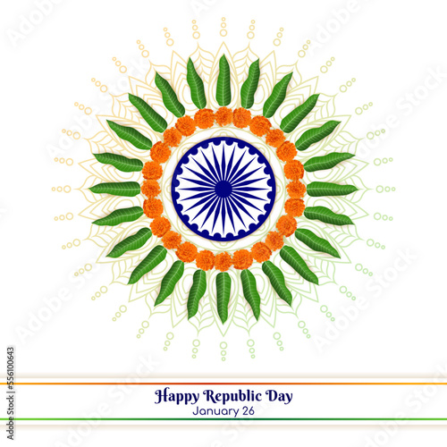 Happy Republic Day Square Poster Vector Illustration. Ashoka chakra, Marigold flower, mango leaves and mandala decoration. Unique creative concept. Social media post, promotion, website header graphic