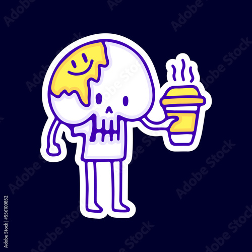 Funny skull with melted emoji face holding cup of coffee illustration. Artwork for street wear, t shirt, posters, bomber jackets, hoodie, patchworks, enamel pins; for clothes.