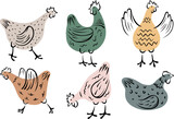 Set of hand-drawn hen. Chicken vector illustration. Colorful isolated domestic birds.