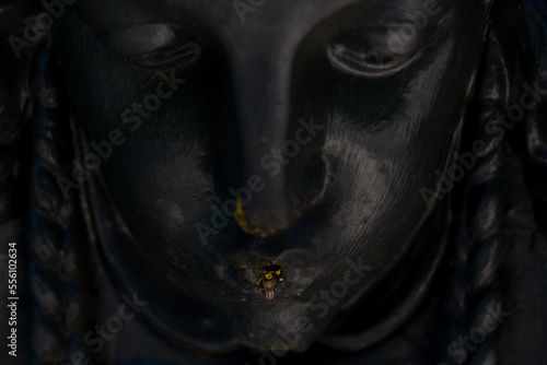 small spider inside black statue mouth