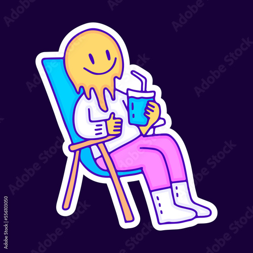 Melted emoji character chill out and holding drink cartoon, illustration for t-shirt, sticker, or apparel merchandise. With modern pop and retro style.