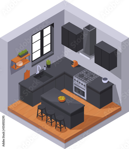 isometric kitchen with furniture and accessories, vector illustration